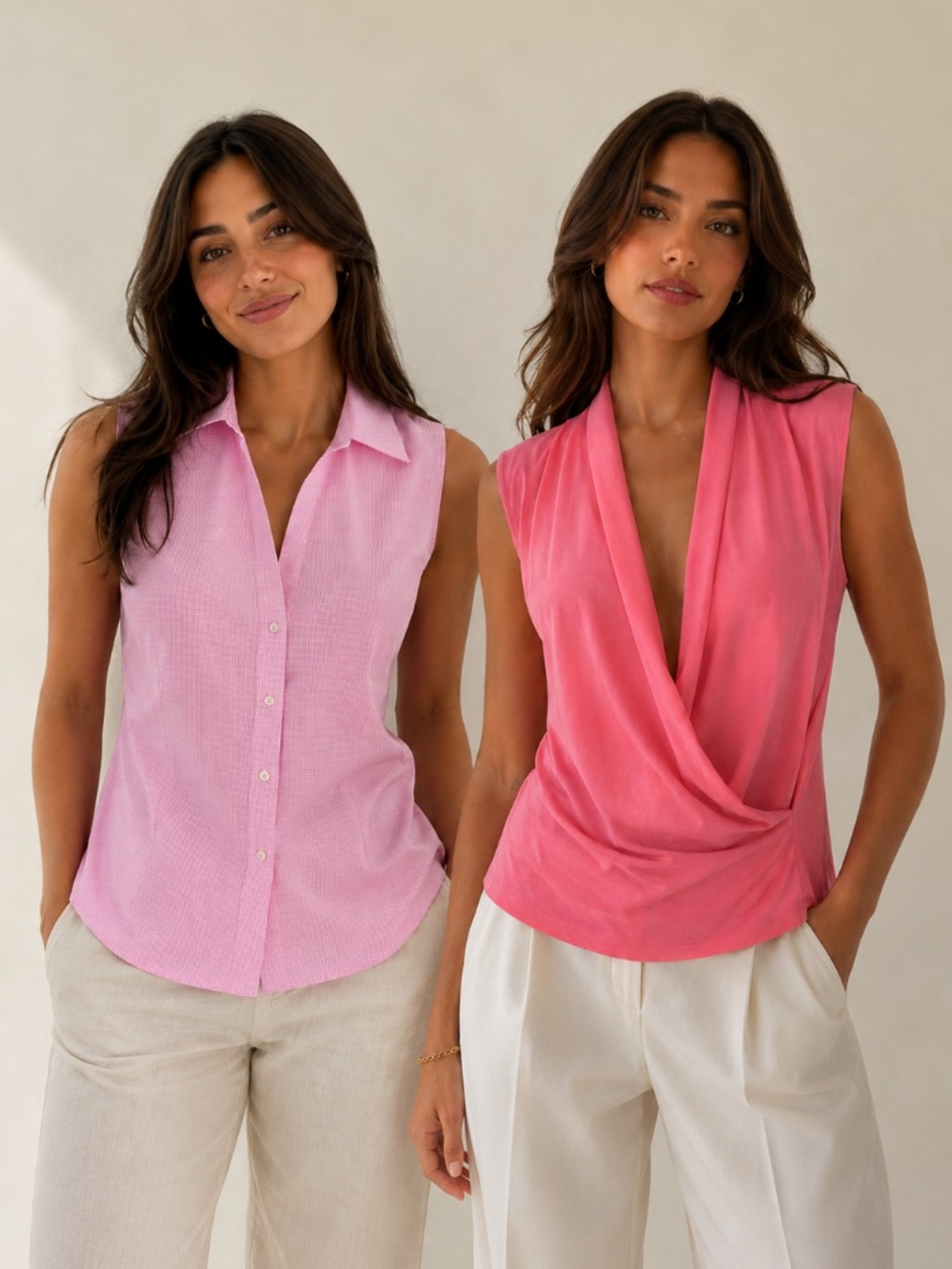 TWO Lauren Ralph Lauren sleeveless tops L pink gingham faux wrap preppy coastal